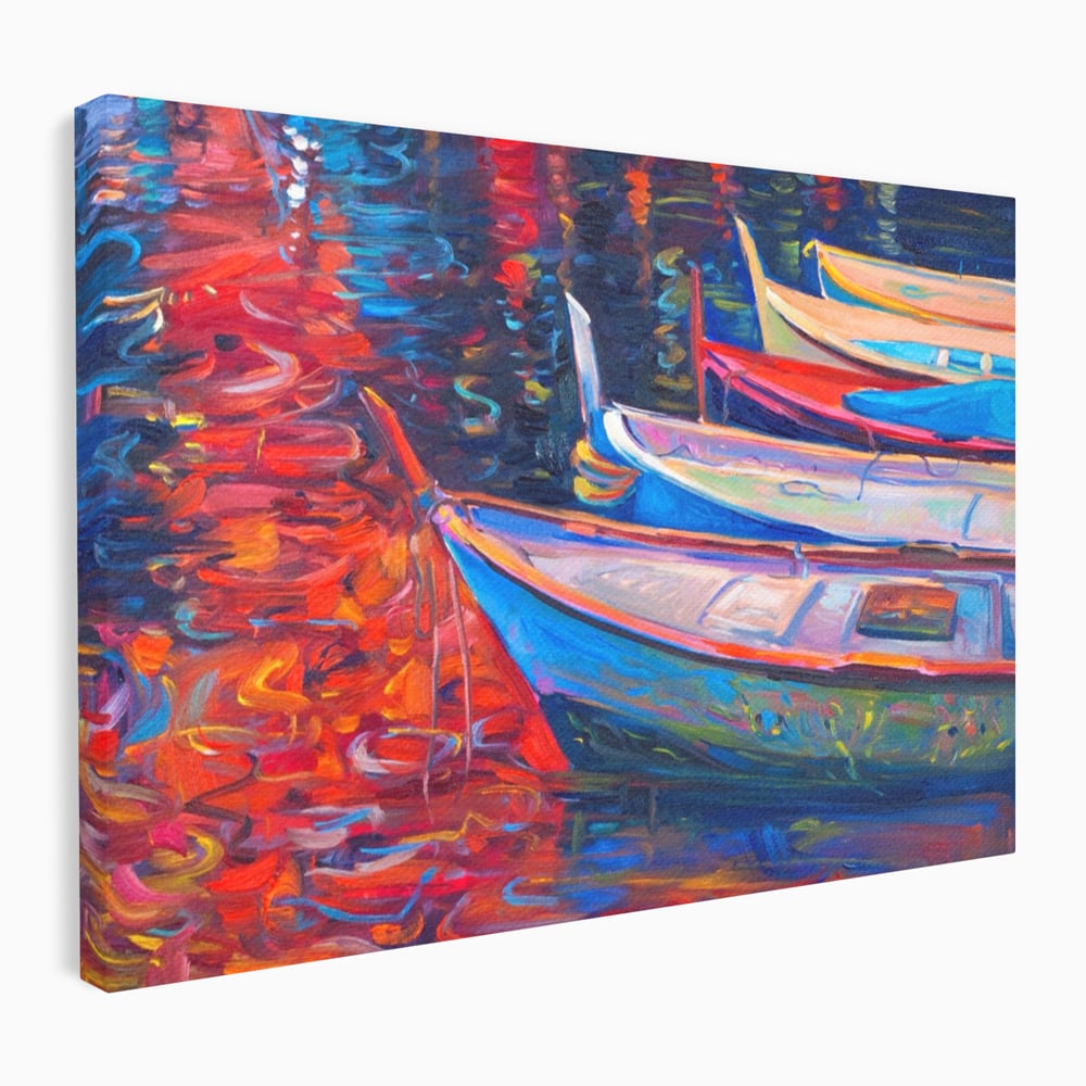 Tablou canvas cu pictura cu barci in port la apus, fara rama, pe sasiu de lemn